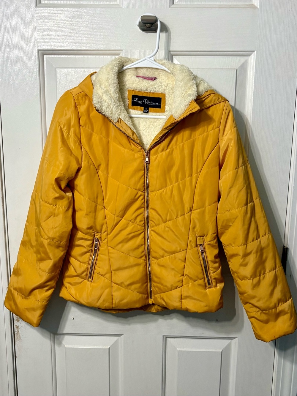 Pink Platinum Mustard Yellow Puffer Jacket with Cream Sherpa Liner